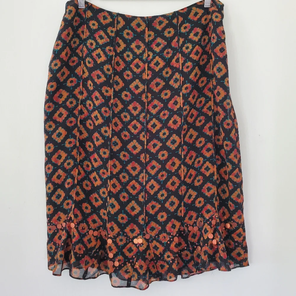 100% Silk Black Rust Print Skirt 12 Copper Sequins Ruffle Hem JONES NEW YORK EUC